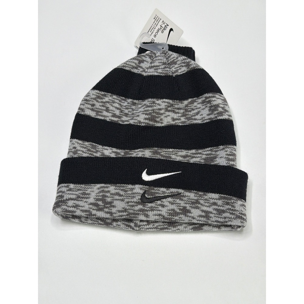 Nike Boys 2 Piece Set Beanie Hat & Gloves Black Grey Logo Winter Warm